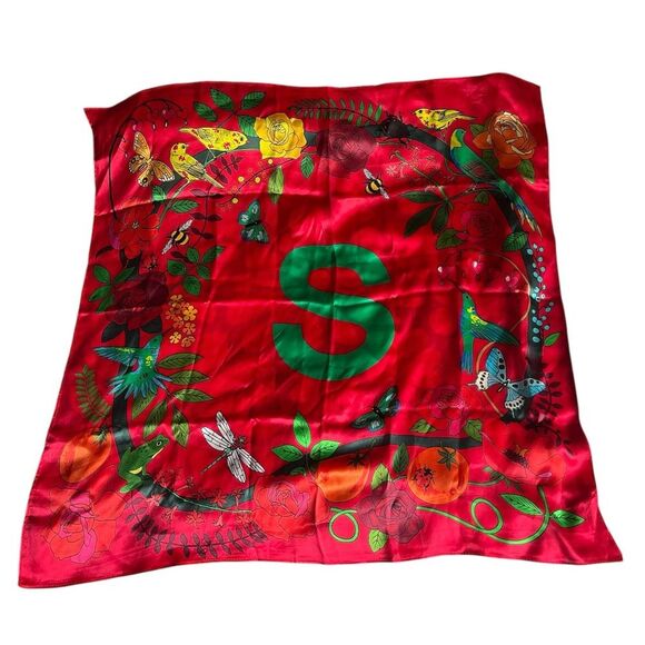 KAREN MABON 100% Silk Floral Fauna Letter S Monogram Scarf Neckerchief - Picture 1 of 2